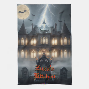 Halloween-Haus mit Frankie, dunkelgrau Geschirrtuch