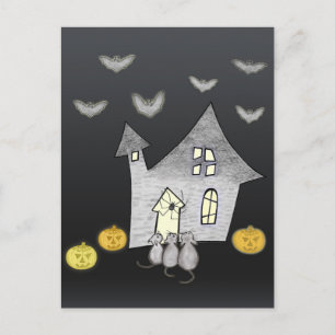 Halloween-Haus, schwarze Katzen, Fledermäuse, Kürb Postkarte
