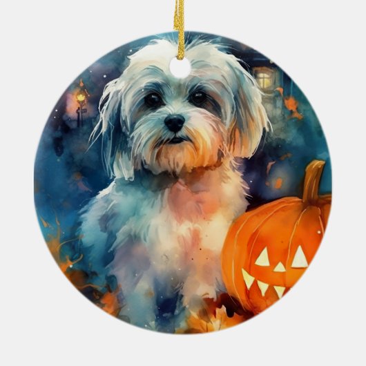 Halloween Havanese mit Pumpkins Beängstigend Keramik Ornament (Hinten)