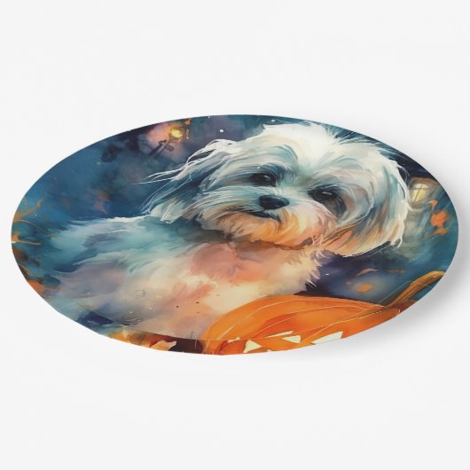 Halloween Havanese mit Pumpkins Beängstigend Pappteller (Schrägansicht)