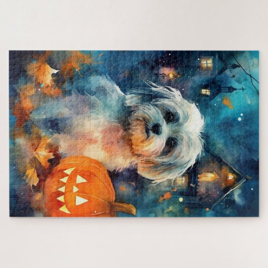 Halloween Havanese mit Pumpkins Beängstigend Puzzle (Horizontal)