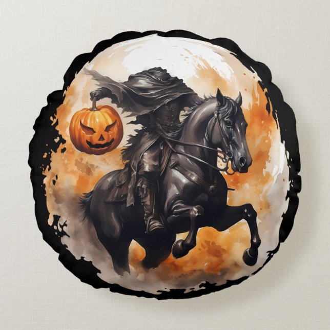 Halloween Headless Horseman mit Pumpkin Head Rundes Kissen (Vorderseite)