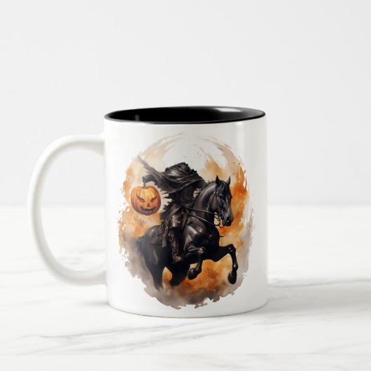 Halloween Headless Horseman mit Pumpkin Head Zweifarbige Tasse (Links)