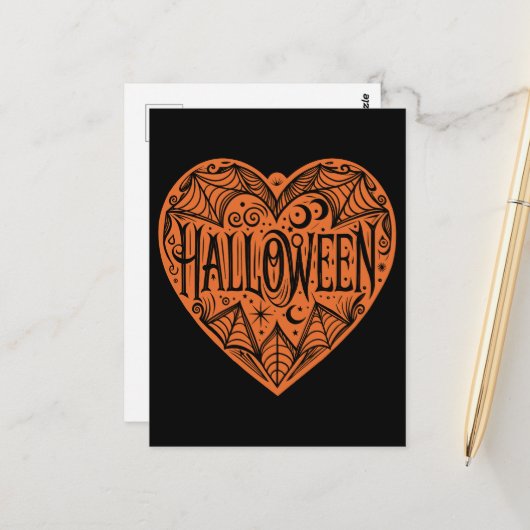 Halloween Heart, Orange Heart Shape, Holiday Postkarte (Vorderseite/Rückseite Beispiel)