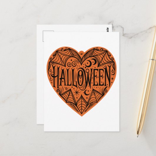 Halloween Heart, Orange Heart Shape, Holiday Postkarte (Vorderseite/Rückseite Beispiel)