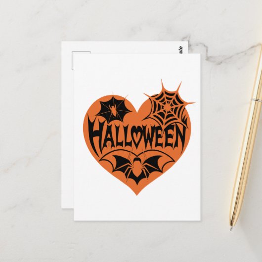 Halloween Heart, Orange Heart Shape, Spider Web Postkarte (Vorderseite/Rückseite Beispiel)