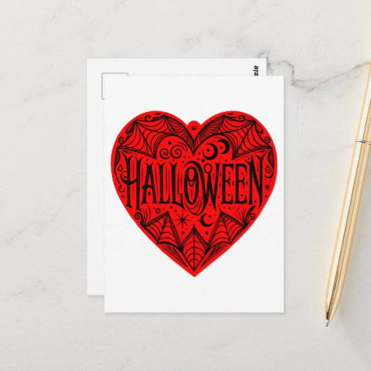 Halloween Heart, Red Heart Shape, Holiday Postkarte (Vorderseite/Rückseite Beispiel)