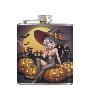 Halloween Heiße Anime Hexe auf Jack-O-Lantern Flachmann