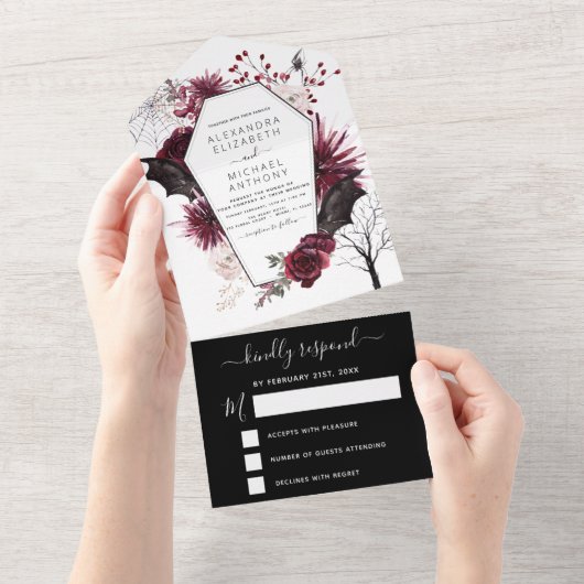 Halloween Herbst Dunkler Burgund Schwarz All In One Einladung (Abreißen)