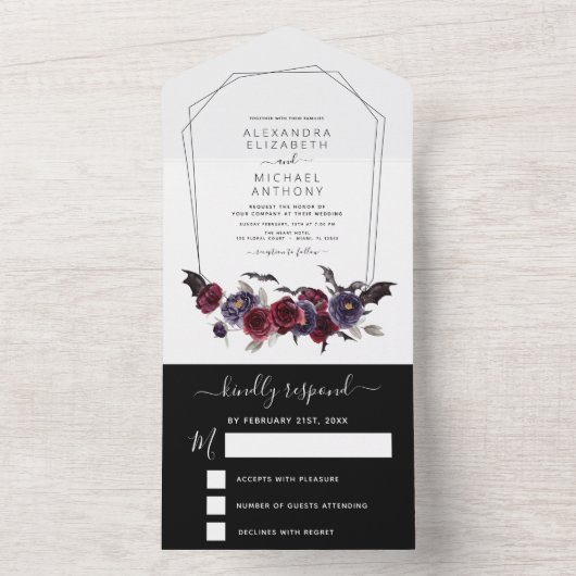 Halloween Herbst Dunkler Burgund Schwarz All In One Einladung (Innen Boden)