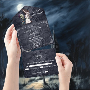 Halloween Herbst Oktober Frankenstein Braut Paar All In One Einladung