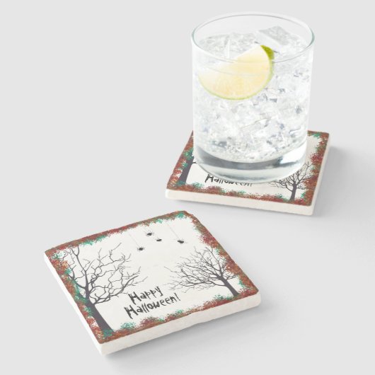 Halloween-Herbstlaube Spooky Trees Spiders Steinuntersetzer (Seitenansicht)