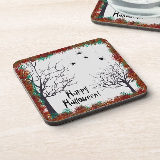 Halloween Herbstlaubs Gnarly Trees Spiders Getränkeuntersetzer (Linke Seite)