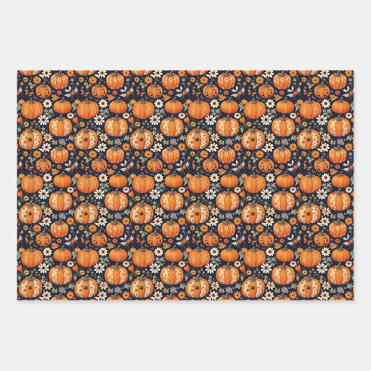 Halloween Herbstsaison Pumpkins & Florals Geschenkpapier Set (Vorderseite)