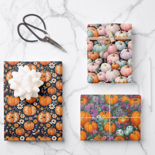 Halloween Herbstsaison Pumpkins & Florals Geschenkpapier Set (Vorderseite)