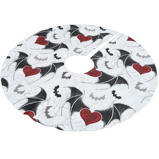 Halloween-Herz mit schwarzen Fledermausflügeln Polyester Weihnachtsbaumdecke (Schrägansicht)