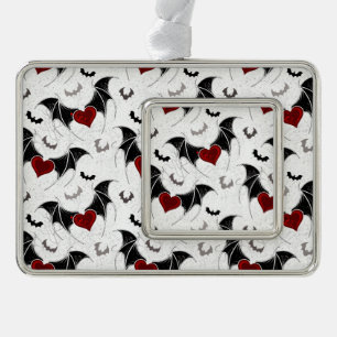 Halloween-Herz mit schwarzen Fledermausflügeln Rahmen-Ornament Silber
