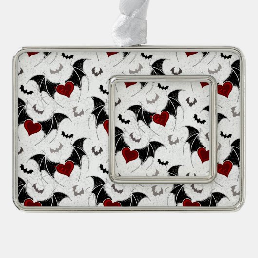 Halloween-Herz mit schwarzen Fledermausflügeln Rahmen-Ornament Silber (Vorderseite)