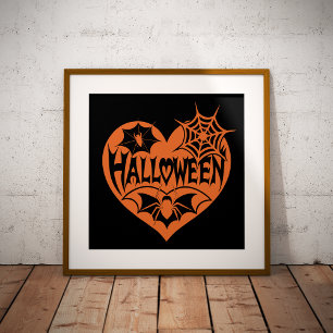 Halloween-Herz, orange Herzform, Spinnennetz Fotodruck