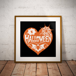 Halloween-Herz, orange Herzform, Spinnennetz Poster