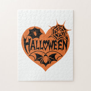 Halloween-Herz, orange Herzform, Spinnennetz Puzzle