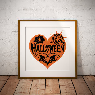 Halloween Herz, Orangefarbene Herzform, Spinnennet Foliendrucke