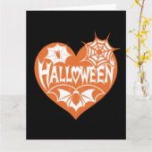Halloween Herz, Orangefarbene Herzform, Spinnennet Karte (Gelbe Blume)
