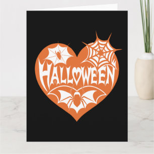 Halloween Herz, Orangefarbene Herzform, Spinnennet Karte