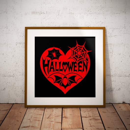 Halloween-Herz, rotes Herz, Spinnennetz Poster
