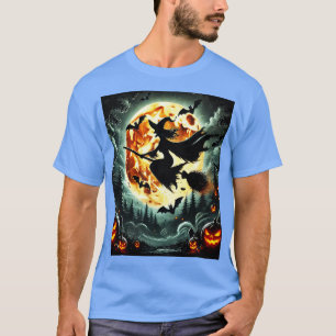 Halloween Hexe auf Besenstiel Vollmond Orange Fled T-Shirt