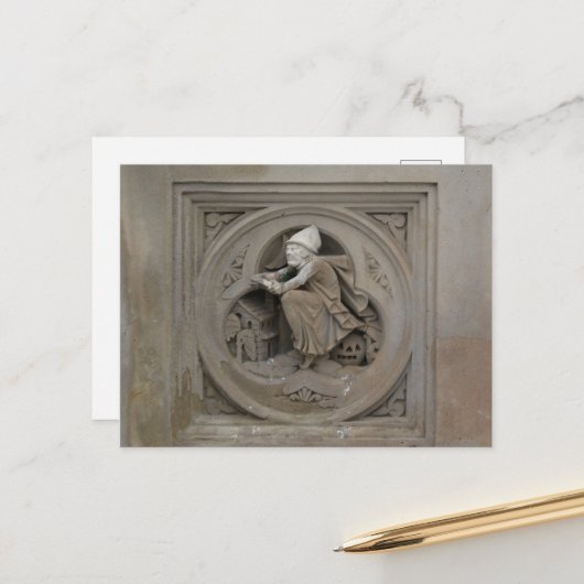 Halloween Hexe auf Broom 3d Stone Carving Foto Postkarte (Vorderseite/Rückseite Beispiel)