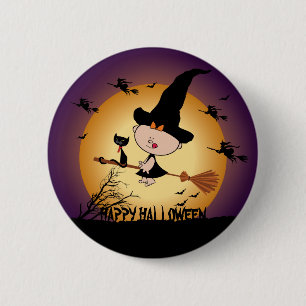 Halloween Hexe auf Broomstick Button