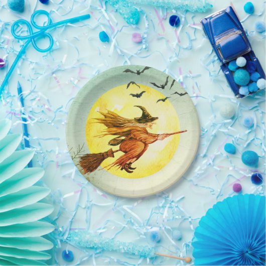 Halloween Hexe auf Broomstick Pappteller (Party)