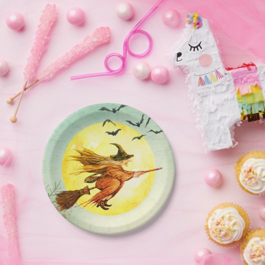 Halloween Hexe auf Broomstick Pappteller (Party)