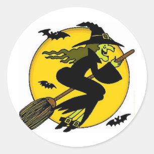 Halloween Hexe auf Broomstick Runder Aufkleber