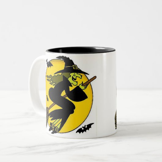 Halloween Hexe auf Broomstick Zweifarbige Tasse (Vorderseite Links)