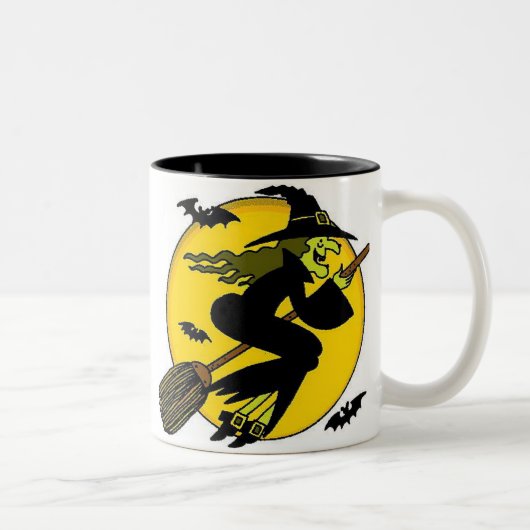Halloween Hexe auf Broomstick Zweifarbige Tasse (Rechts)
