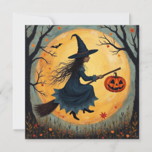 Halloween-Hexe auf dem Besen und Vollmond  Feiertagskarte