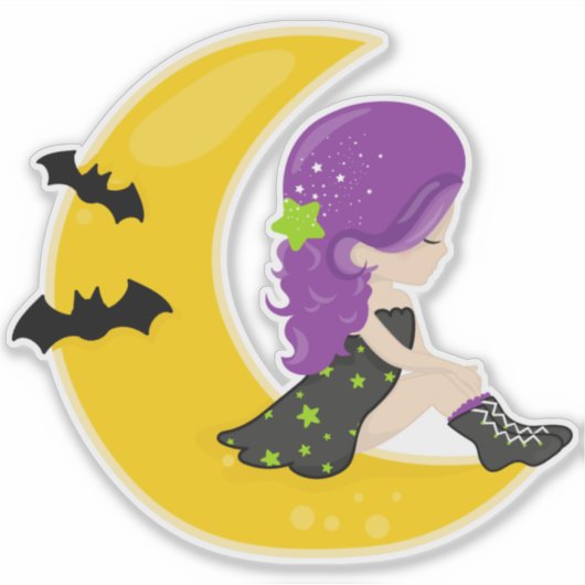 Halloween, Hexe auf dem Mond, Bat, Trick oder Tret Aufkleber (Vorderseite)
