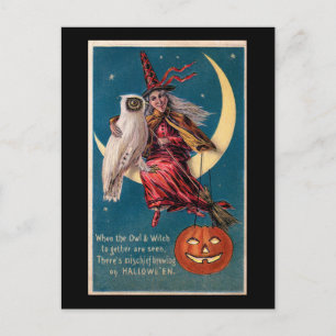 Halloween-Hexe auf dem Mond mit Eule Vintage Postkarte