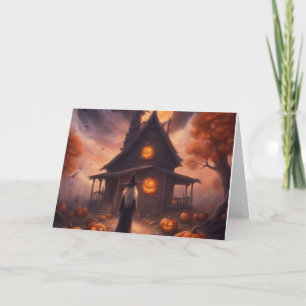 Halloween-Hexe auf dem Weg zu ihrem Spukhaus-Karte Feiertagskarte