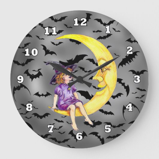 Halloween Hexe auf der Monduhr Große Wanduhr (Vorderseite)