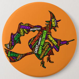 Halloween Hexe auf einem Besenstiel Orange Typogra Button