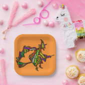 Halloween Hexe auf einer Broomstick-Orangentypogra Pappteller (Party)