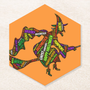 Halloween Hexe auf einer Broomstick-Orangentypogra Untersetzer