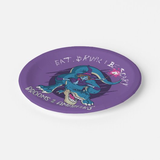 Halloween-Hexe auf T-Rex-Illustration Pappteller (Schrägansicht)