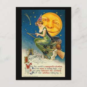 Halloween-Hexe beim Vorbeireiten Vintage Postkarte