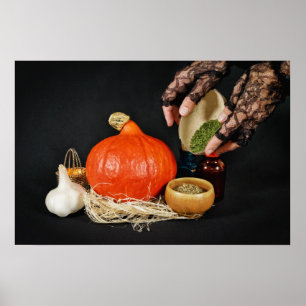 Halloween-Hexe bereitet einen Zaubertrank vor Poster