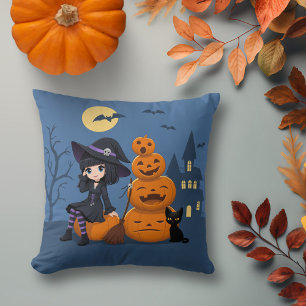 Halloween Hexe, Black Cat und Kürbiskins Kissen