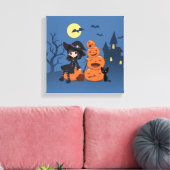 Halloween Hexe, Black Cat und Kürbiskins Leinwanddruck (Insitu (Wohnzimmer))